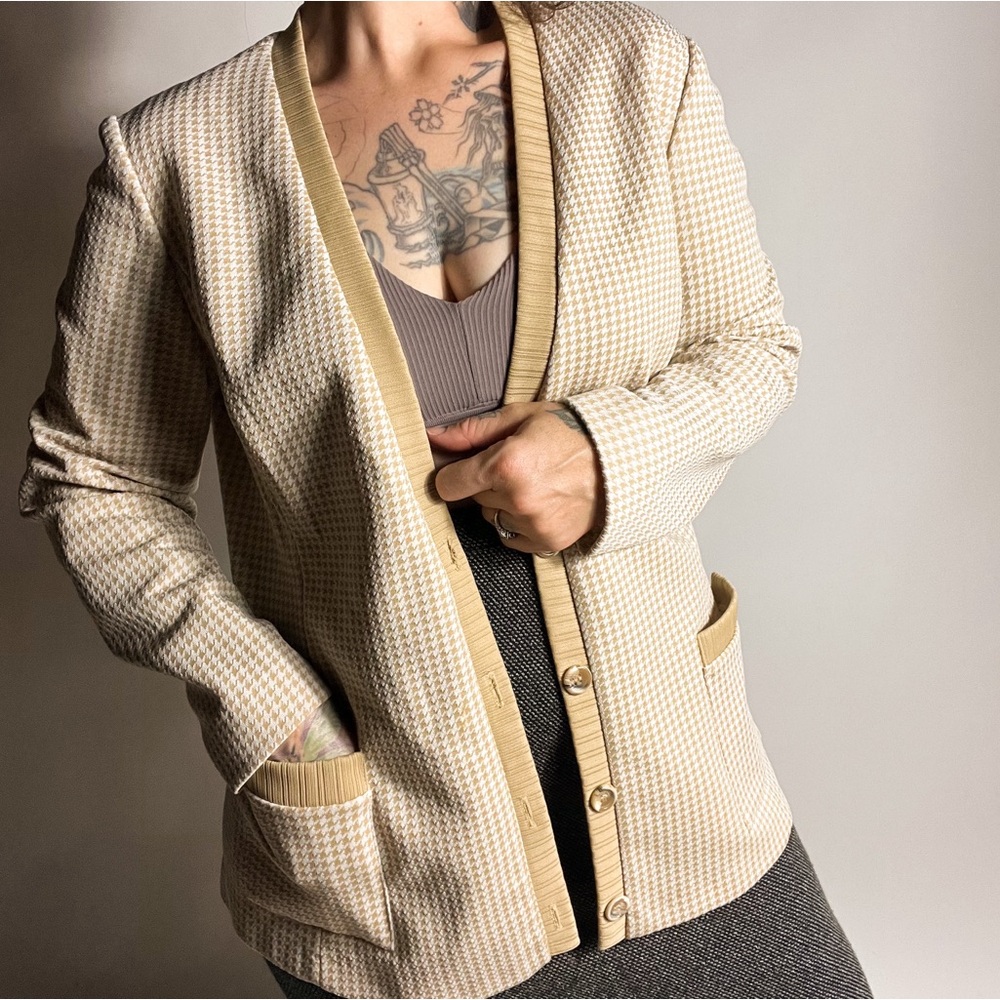 VINTAGE 70s Houndstooth Tan White Lightweight Blazer Jacket Womens Large